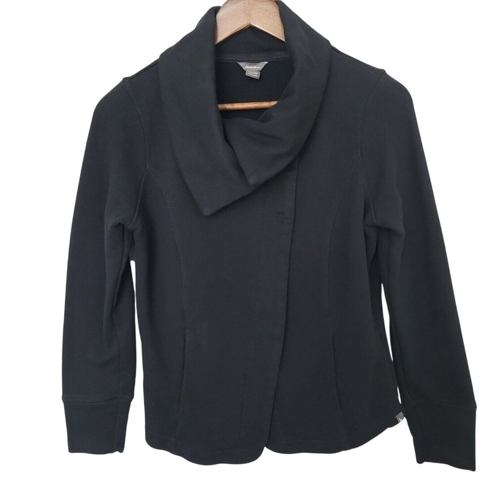 Eddie Bauer Sweater Cardigan Womens  Size M Black Collared Snap Closure Pockets